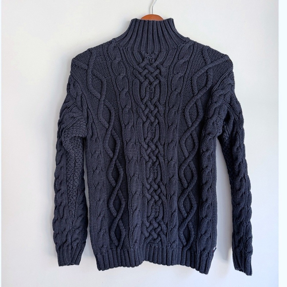 Tommy Hilfiger Jeans Handknit Cable Knit Mock Neck Sweater Navy 100% Cotton L